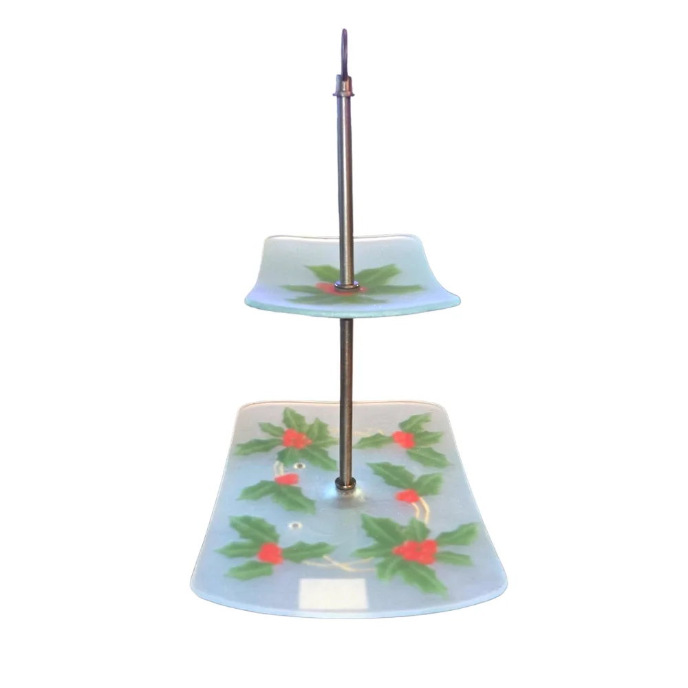 Block Crystal NEW VTG Holly &‎ Berries Frosted Glass Stacking 2 Tiered Tray Set